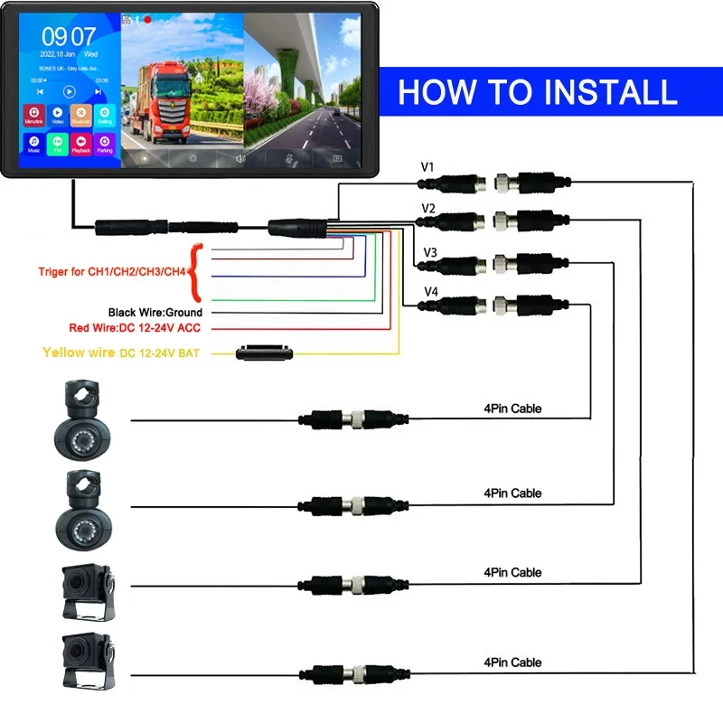 9V-36V 4 Channel Car Monitor Bus Truck Waterproof Black Box Night Vision AHD Camera and 4K Car Monitor