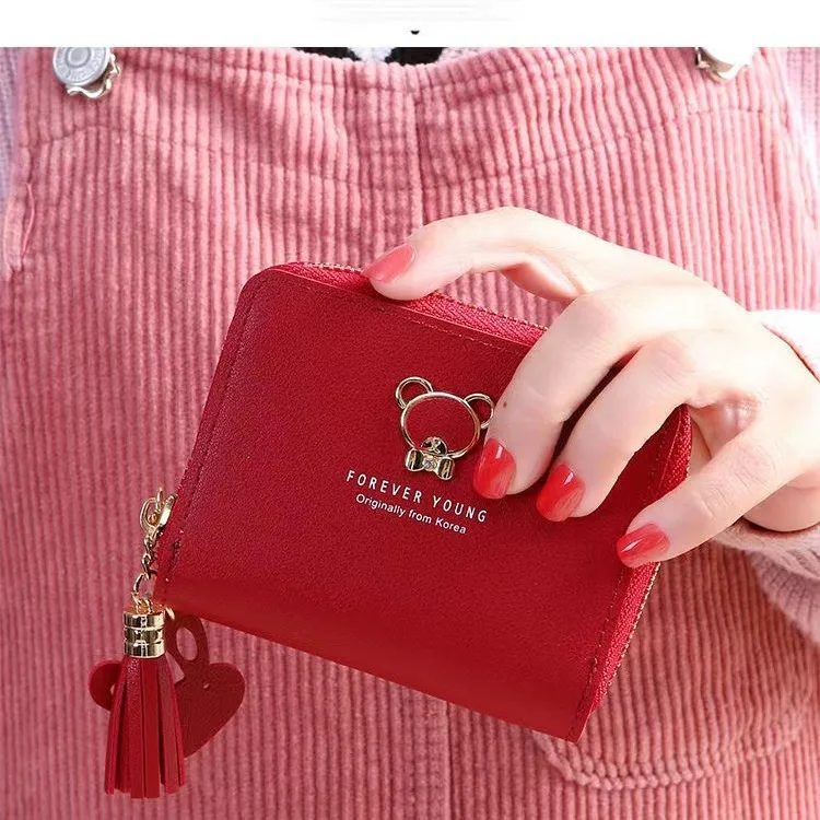 New fashion pu leather ladies wallet female short cartoon cute bear tassel female student coin purse woman wallets