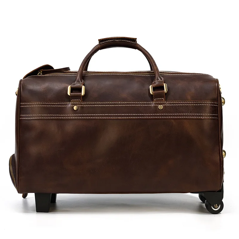 Travel Luggage Full Grain Cowhide Le Hide Leather Trolley Bag Custbenzeather Wheeled Rolling Duffel Bag for Men Customized Solid
