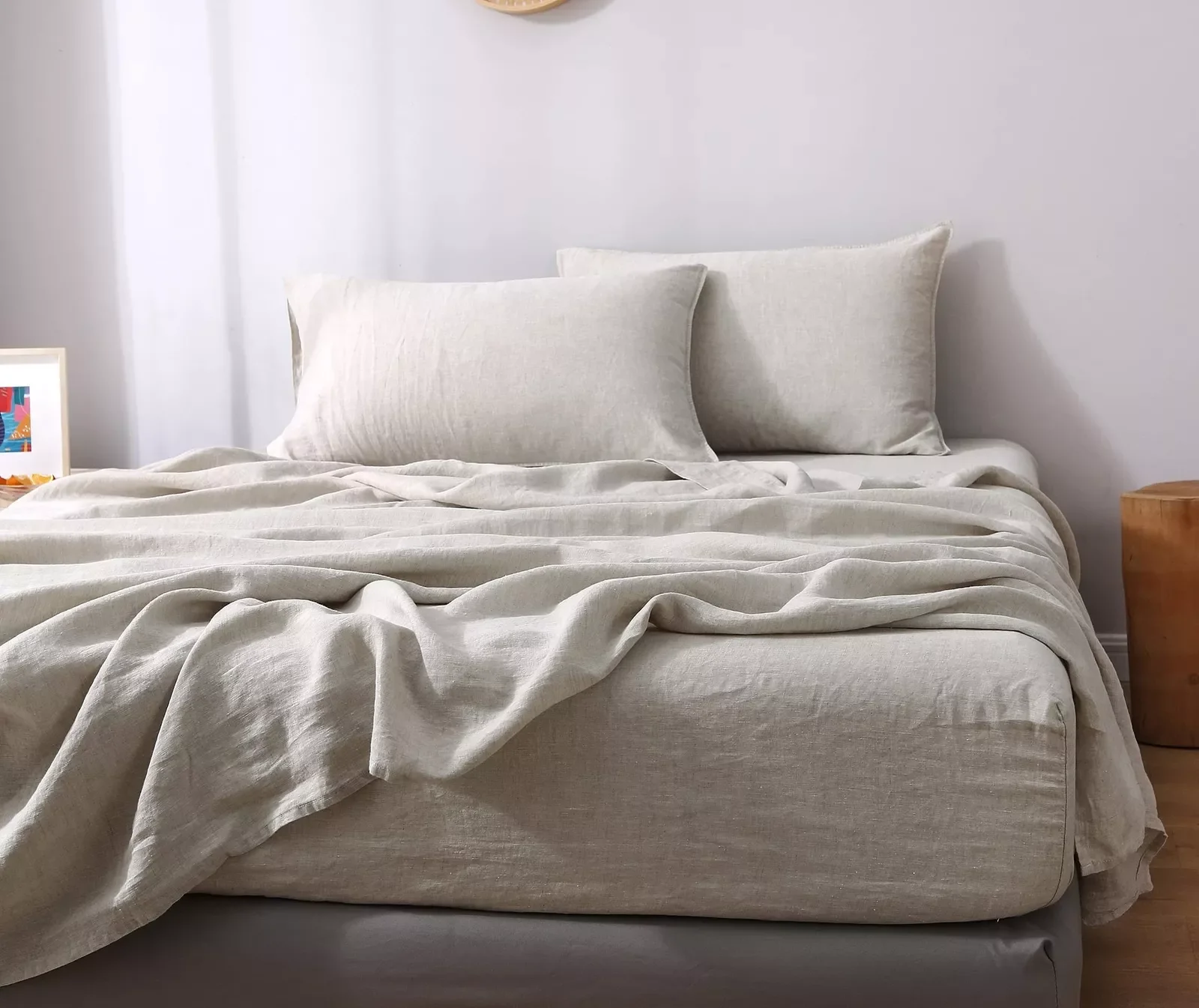 VICTORY SYMBOL 100% French Linen Bed Sheets Full Size Stone Washed Flax 4PC Sheets Set