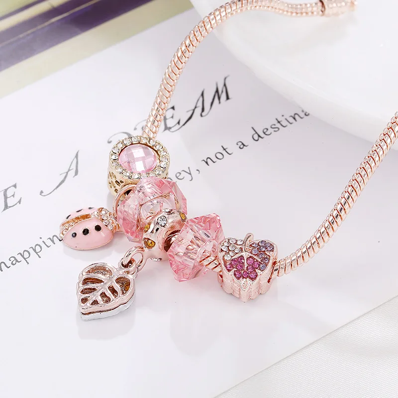 
Best Selling Bling CZ Cubic Zirconia Flower Leaves Charms Bracelet Exquisite Rose Gold Rhinestone Crystal Heart Charm Bracelet 