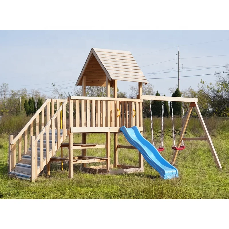 Popular Outdoor Children Playground Wooden Kids Outdoor Playground Swing Slide Set