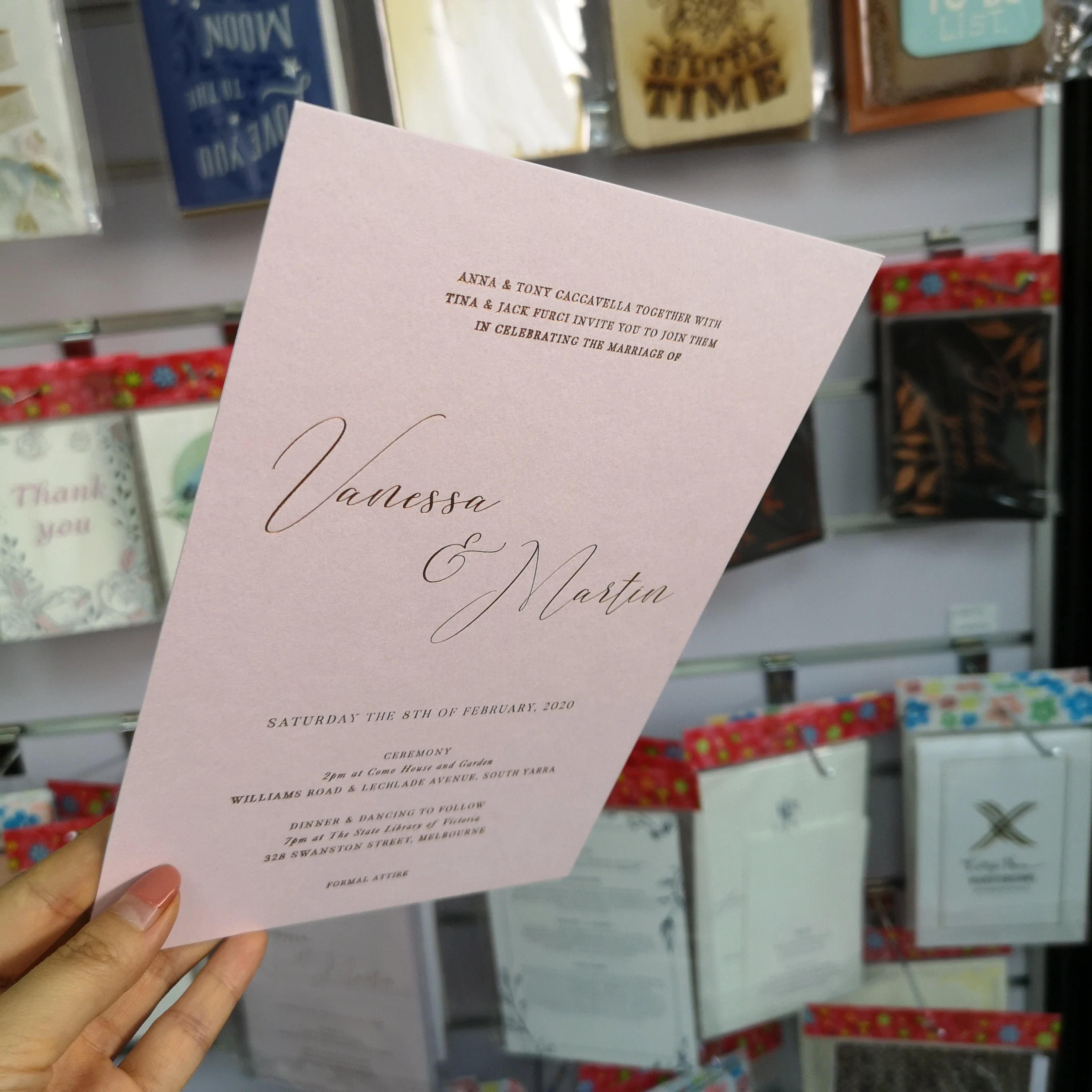 4" x 6" invitation requires rose gold stamp