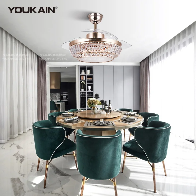 Luxury European Fancy crystal Folding Transparent Hidden Blade Led Invisible Ceiling Fan Lamp With Light