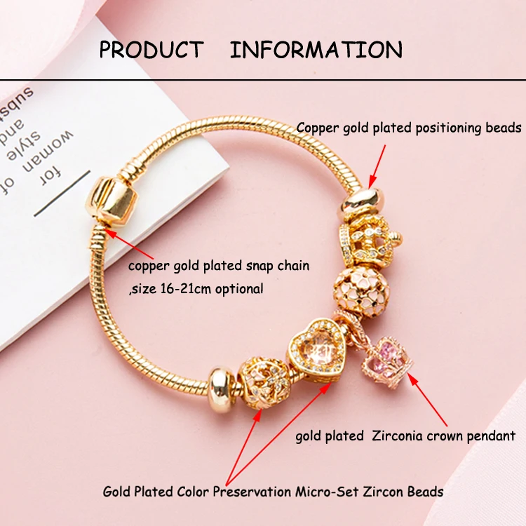 New design Custom High Quality 24k gold plated charm Beaded Bracelet beaded bangle for girl Gift