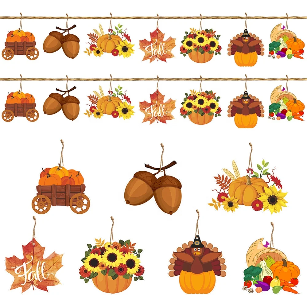 Hot Sale 14pcs Fall Paper Ornaments Pumpkin Maple Leaf Thanksgiving Hanging Decor with Hemp Ropes for Happy Fall Party Supplies
