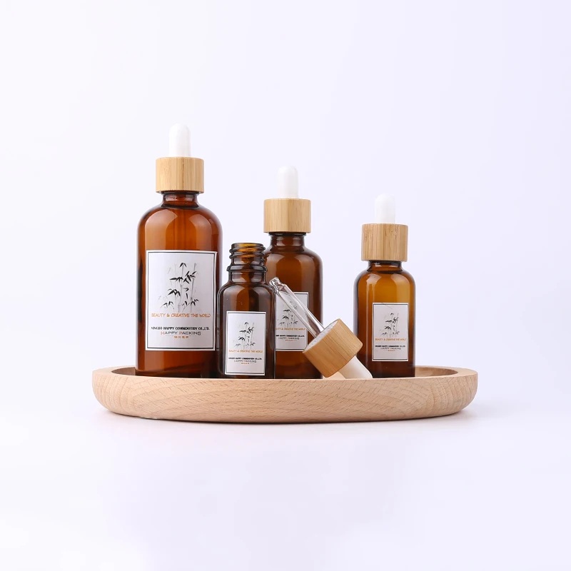 Bamboo Cosmetic Packaging 10 Ml 15ml 30ml 50 Ml 100ml Amber Glass Jar Bottles For Oils With Dropper Bamboo Lid