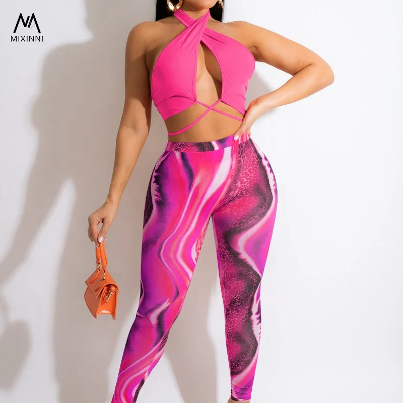 MXN 211 Sexy hanging neck solid color blouse women, printed pants two piece sets,fashion Casual summer clothes