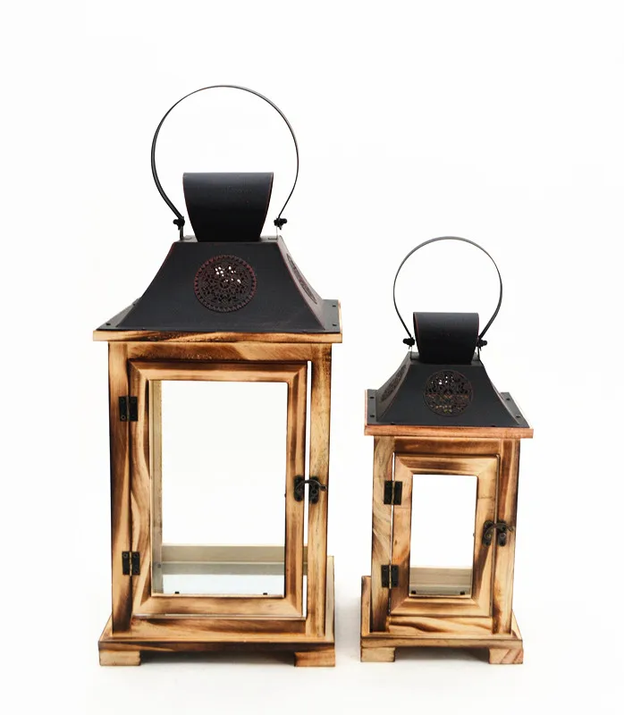 
New design Set of 2 candle wooden lantern hollow Top wooden Lantern For Home Garden Decoration 