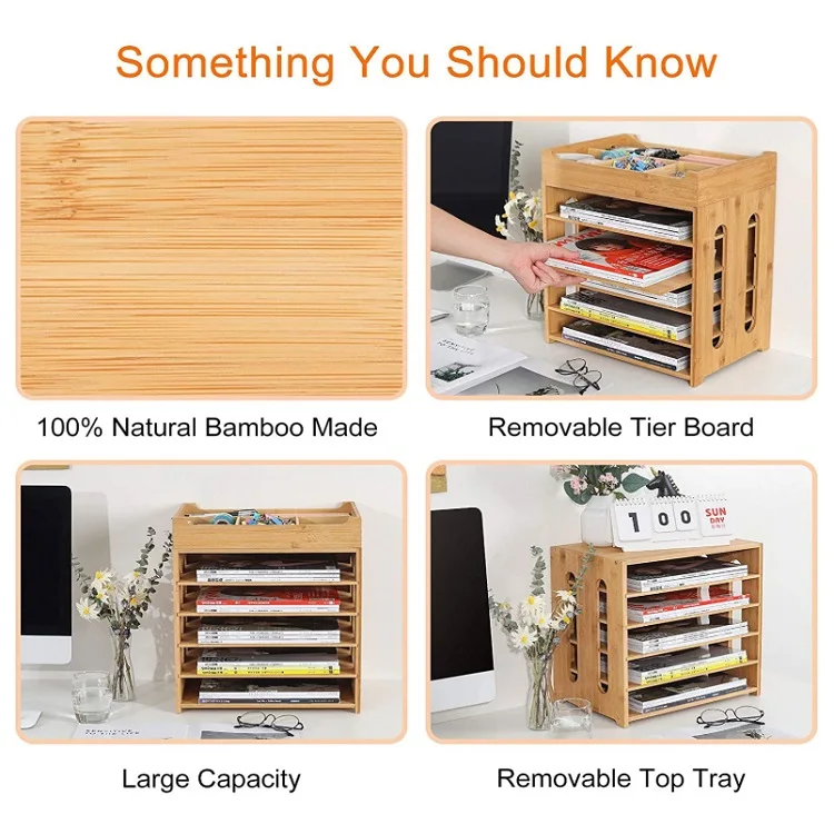 Бумажный Настольный сортировщик пилок с буквами из натурального бамбука, 5-уровневый органайзер для файлов со съемным верхним лотком