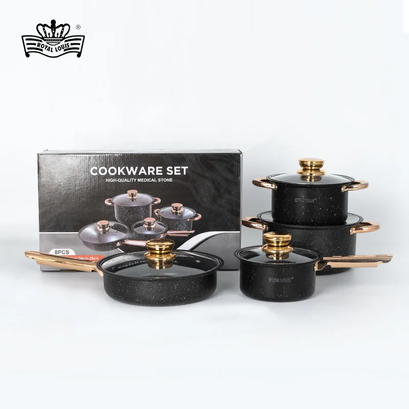 Factory wholesale 8 pieces pot set black granite cookware set marble non stick coating sauce pan stock pot frying pan