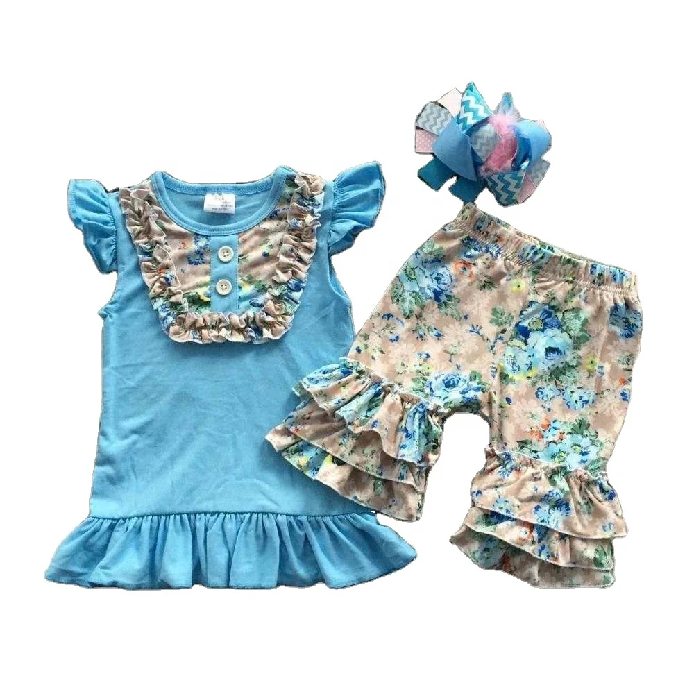 girls children summer  outfit  shorts clothing baby girl clothes floral clothes with hairbow