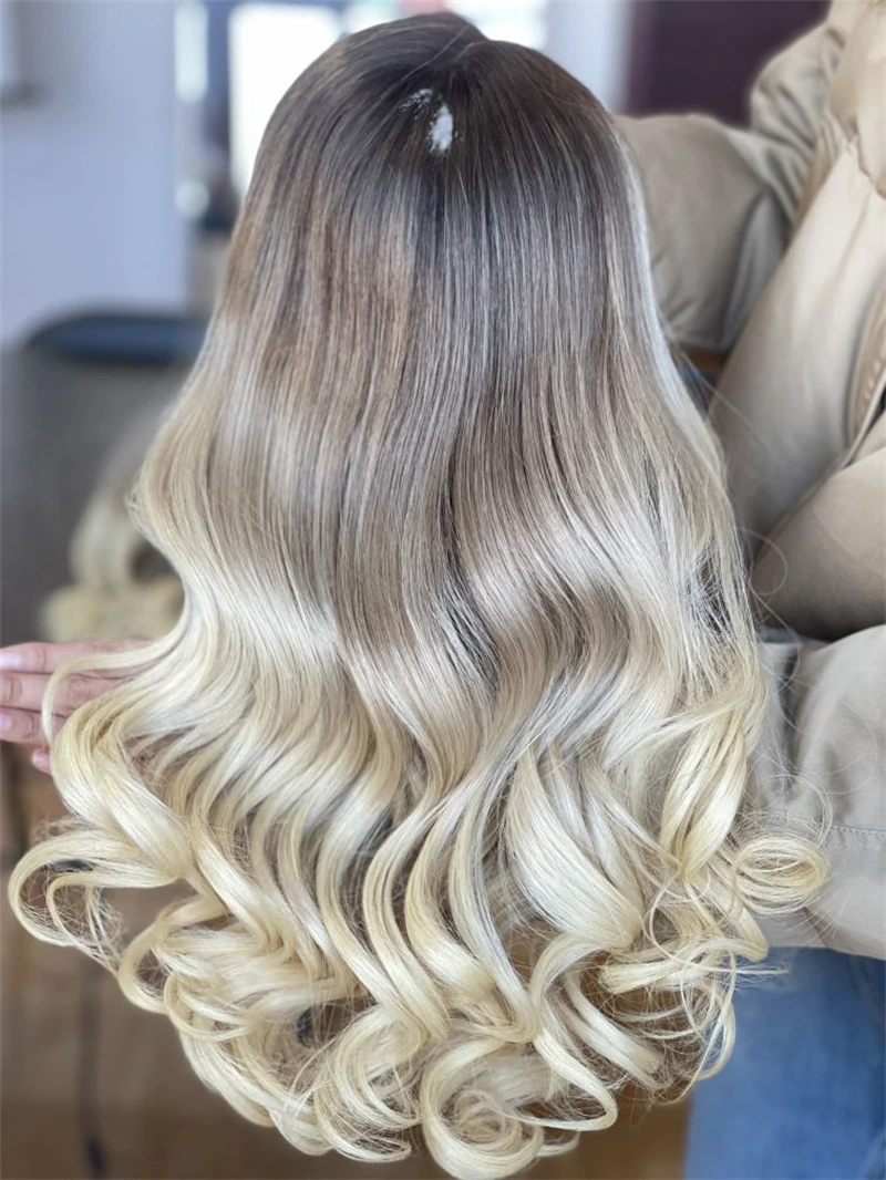 Ombre Ash 613 Blonde Highlight Short Single Knots HD Full Lace Wigs Raw Virgin Human Hair For White Woman