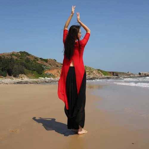 
Women high quality red ballroom dress long sleeves two piece set for ballroom dancing 