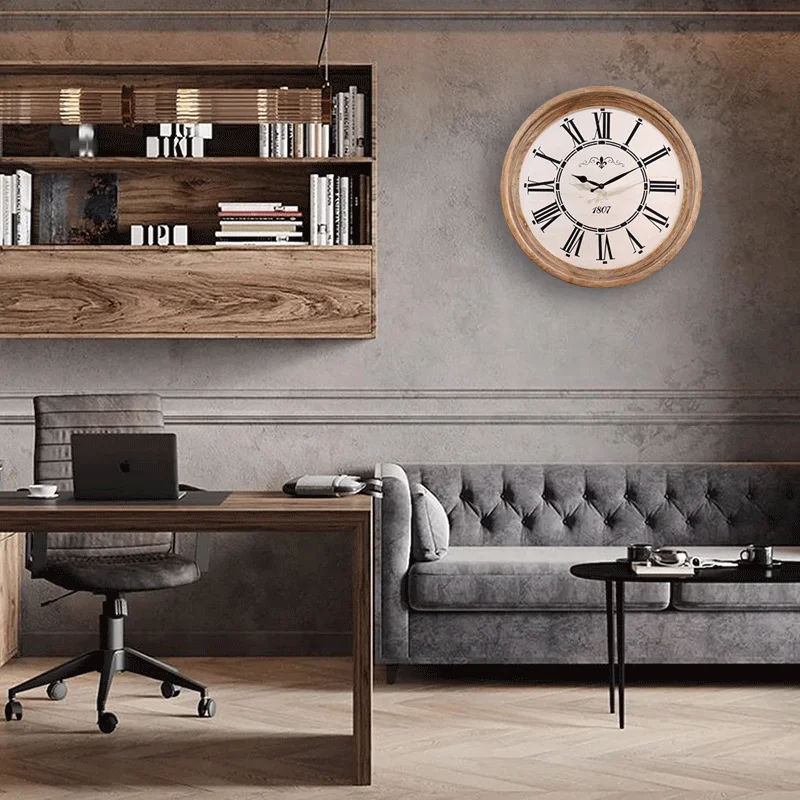 Hot Sale 23.5inch Roman Numerals Wall Clock Custom Logo Large Home Decorative Natural Wooden Wall Clock