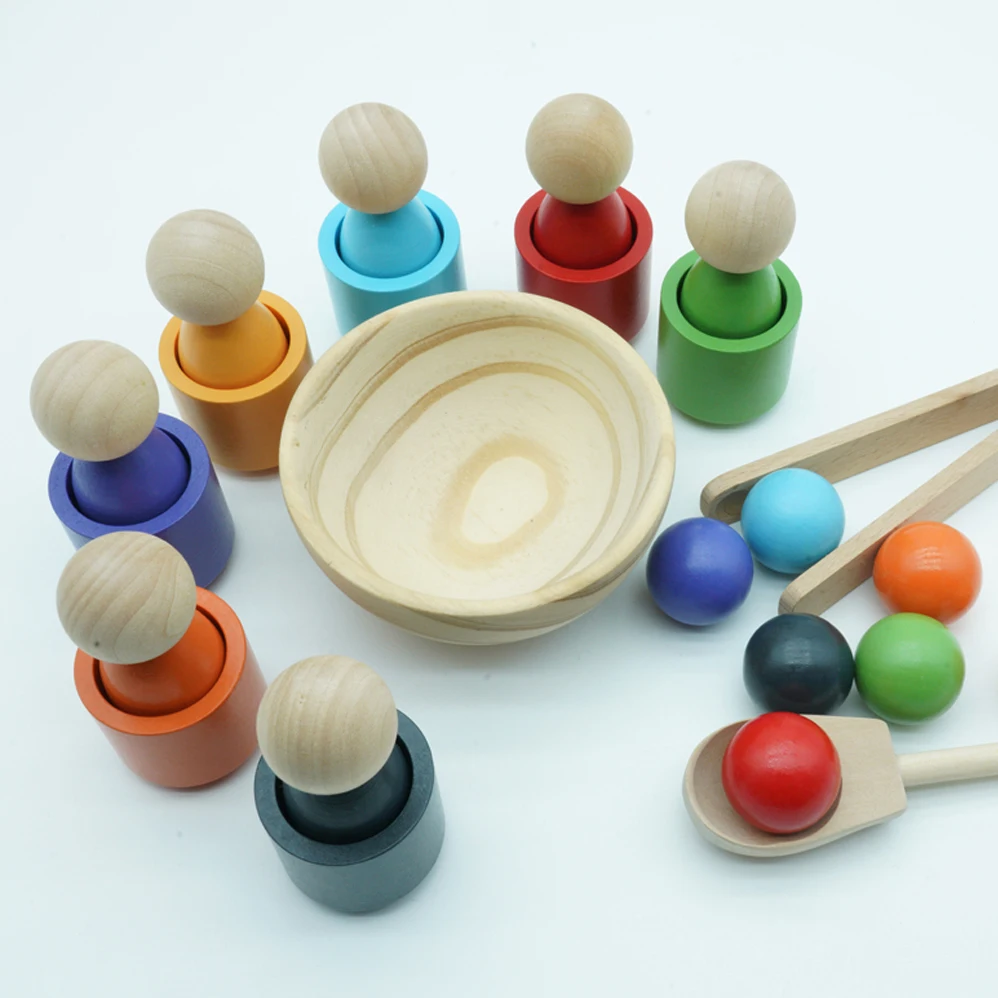 Dropship Montessori Counting Sorting Waldorf Toys Rainbow Stacker Peg Dolls And Balls In Cups Montessori Materials For Kids