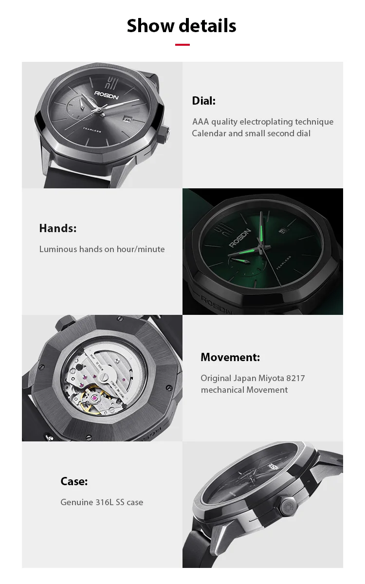 Special  316L Stainless Steel Pocket Rubber Strap Auto Miyota Movement 50 BAR Water Resistance Luxury Mechanical Watch