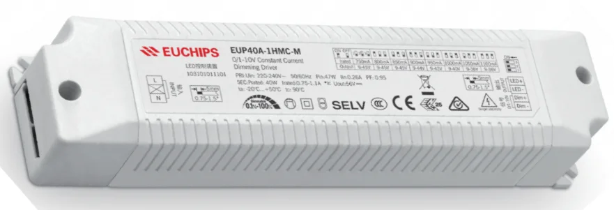 EUCHIPS 40W 0-10V Constant Current LED Dimmable Driver single Plastic RoHS Certified 0-10V Drivers
