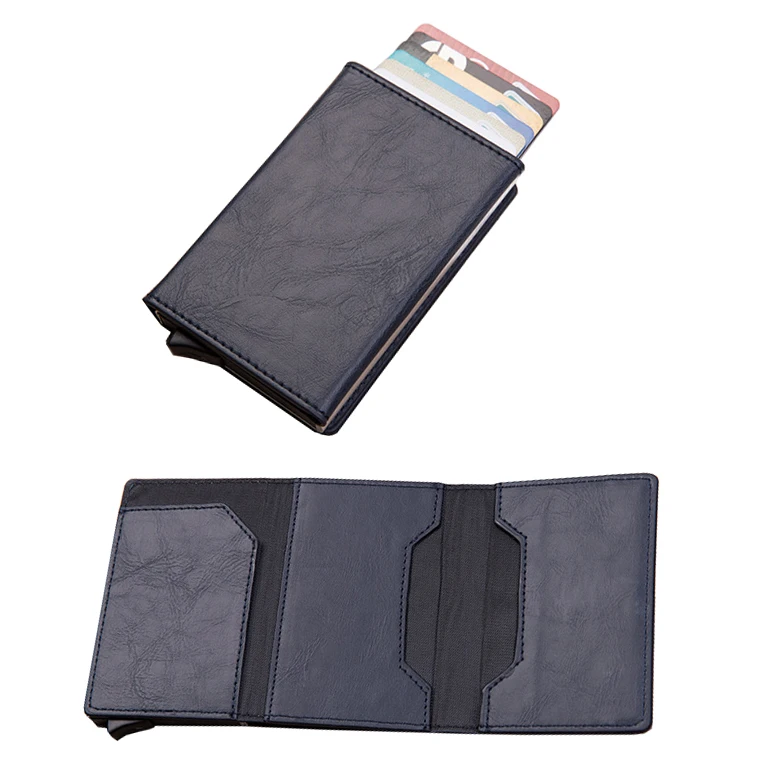 Slim PU Leather Magnet Close Pop up RFID Blocking Aluminium Zippered Wallet