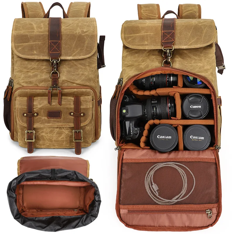 Custom Waxed Canvas Leather Backpack Vintage Photography Camera Bag Backpack Retro Canon DSLR Traveling Rucksack Daypack Retro