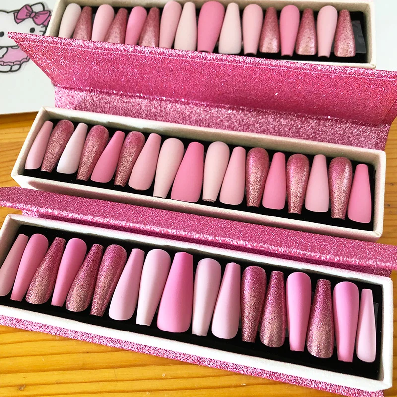 unas press on nails false cute nails handmade artificial fingernails with branded stickers