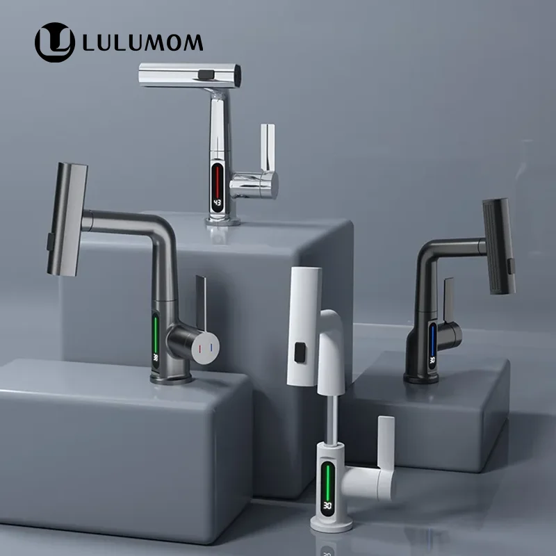 LULUMOM производитель умный свет поднимающий цифровой дисплей смеситель для раковины распылитель латунный водопад ванной комнаты