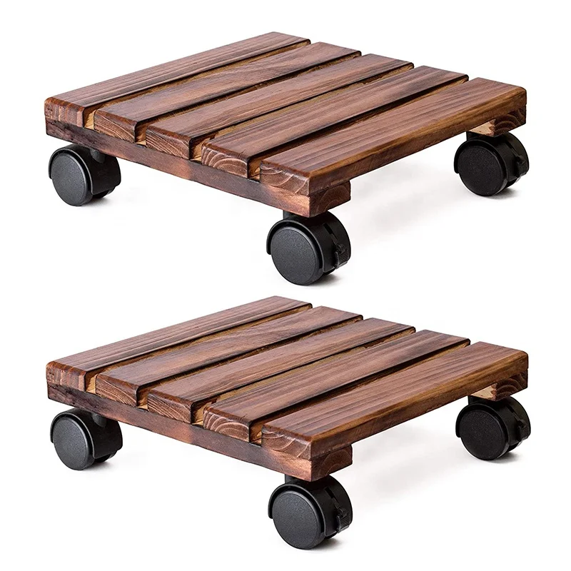 2024 Custom Logo Square Wooden Flower Pot Stand with Wheels