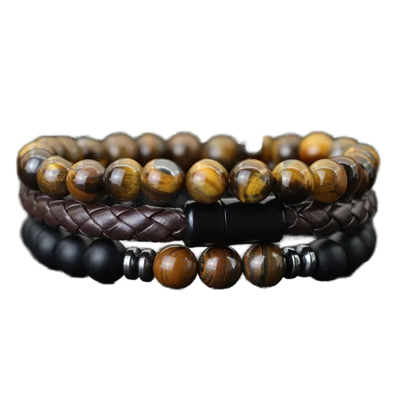 8mm Natural Tiger Eye Bead Bracelet Unisex Classic Style Stainless Steel Leather Alloy Fashionable Unisex Suit Men Women Gift