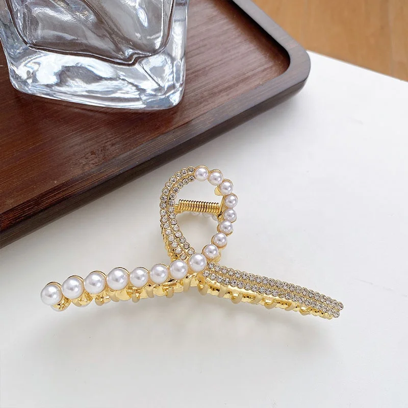 Ins Hot Selling Metal Hair Claw Clips 11.5cm Elegant Pearl Rhinestone Crossed Hair Claws For Women