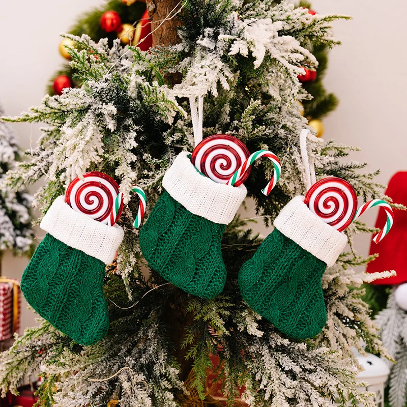 Wholesale Christmas Green Knitted Mini Stocking Ornaments for Xmas Tree Hanging Decor