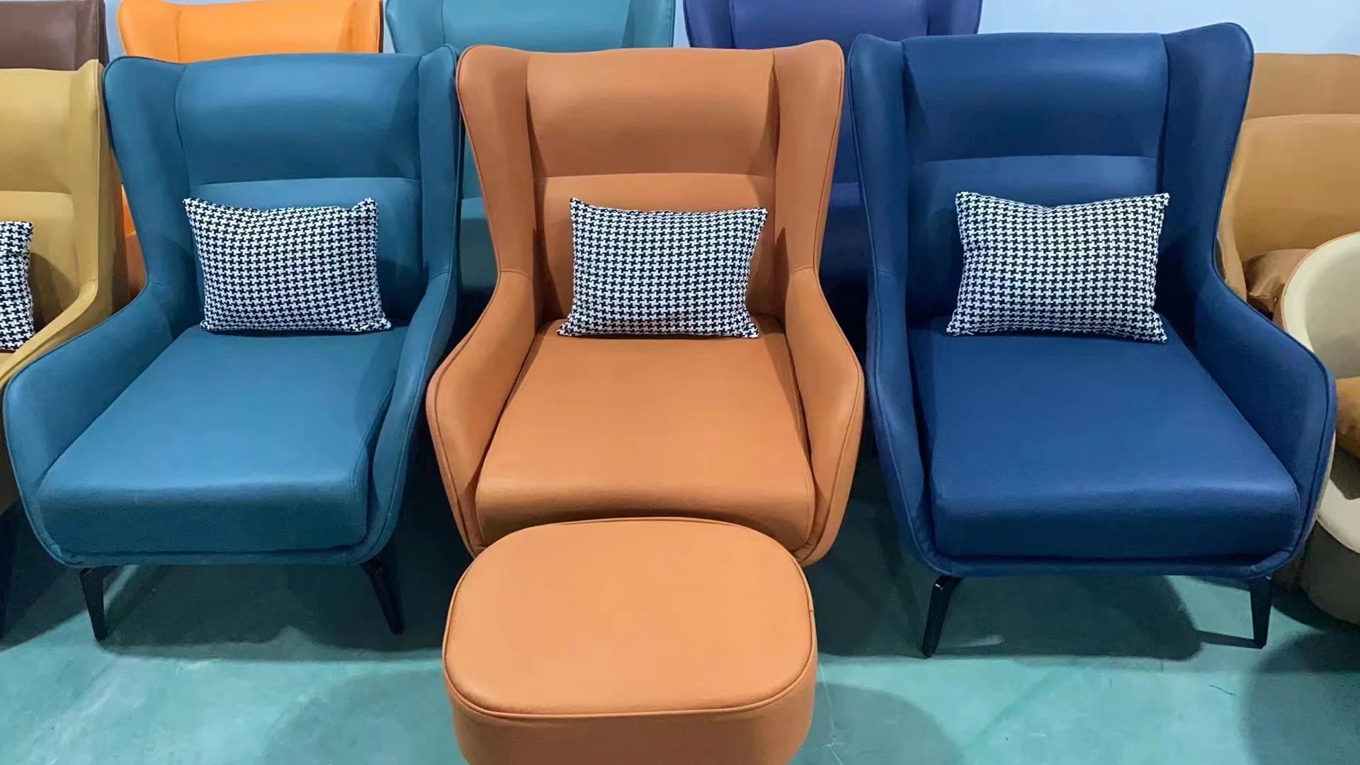 Modern simple armchair PU leather fabric iron frame for living room Nordic style leisure chair high back single sofa with stool