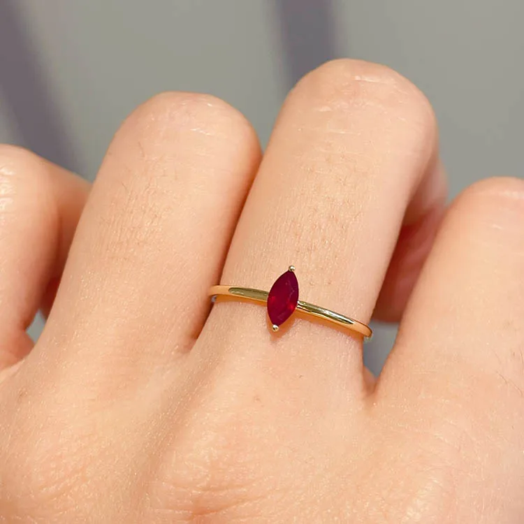Xinfly Jewelry Design Minimalism 18k Real Gold Natural Ruby Gemstone Marquise Rings