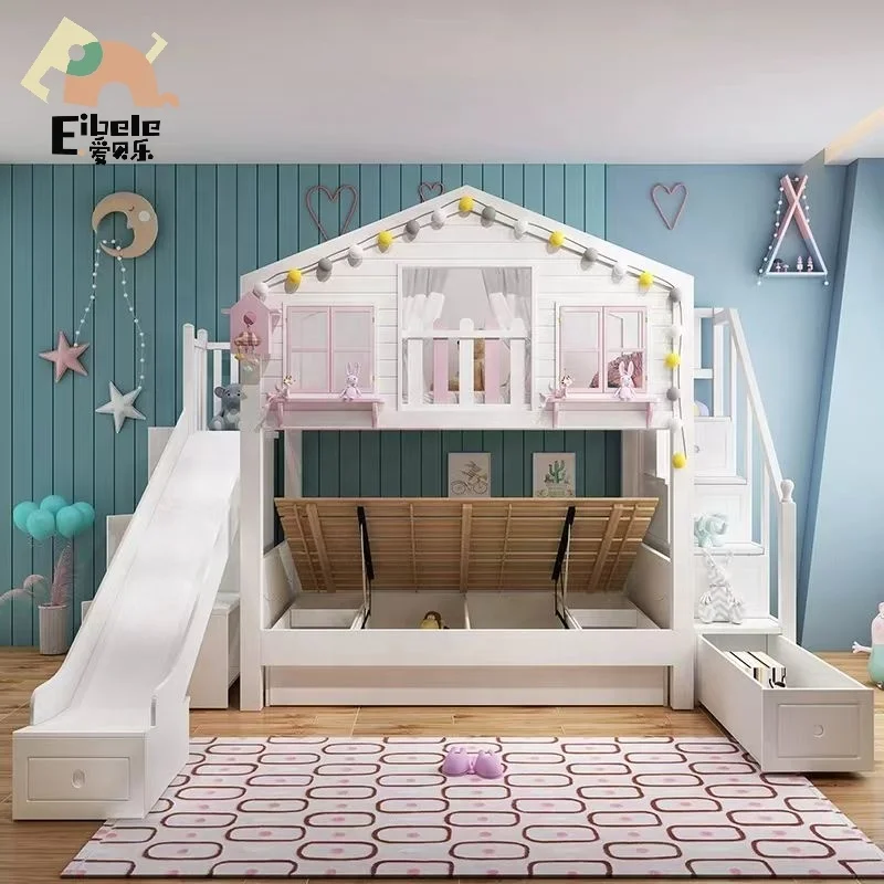 Solid Wood Multi-function Wooden Princess Bunk Bed Kids Bunk Beds With Slide and Drawer Stairs For Bedroom Furniture