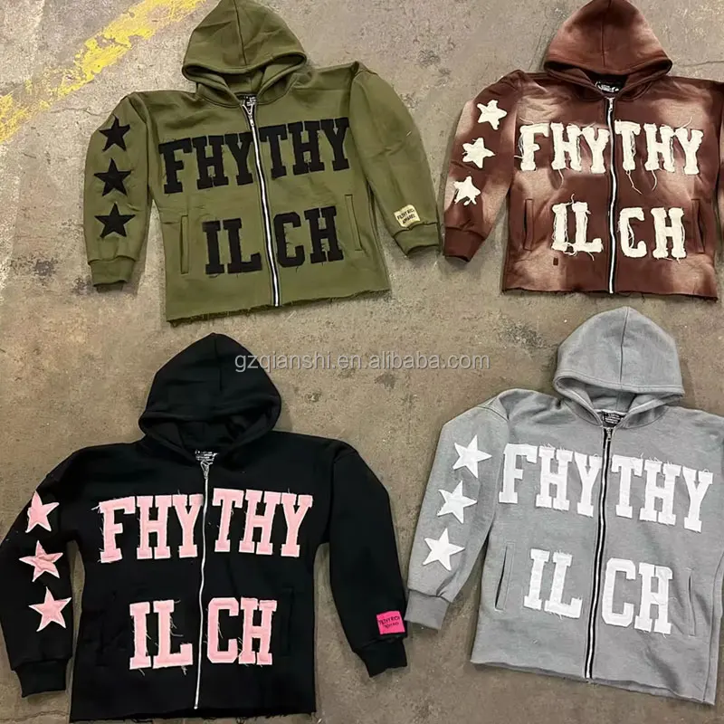 streetwear graphic french terry washed pink patch embroidery zip hoodie cropped patchwork distressed embroidered zip up hoodie
