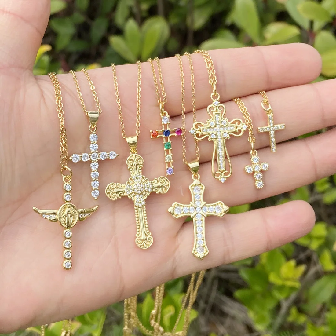 2022 Hip Hop Gold Plating Zircon Cross Pendant Necklace Crystal Rhinestone Angel Wings Cross Necklace