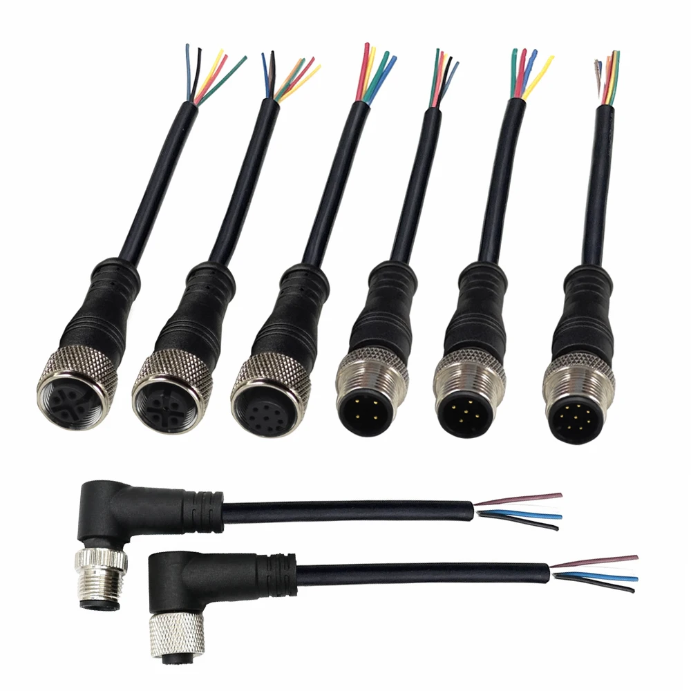 M12 cable 3 4 5 6 8 12 17 pin a code male female right angle wqterproof sensor cable assembly 4 wire cable for m12 connector
