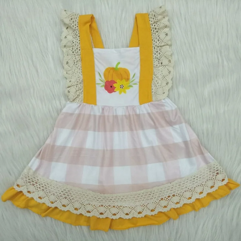 
New Summer Pumpkin print Girl Dress pink plaid orange party dress infant newborn kid girl dress with lace ruffle flutter sleeve 