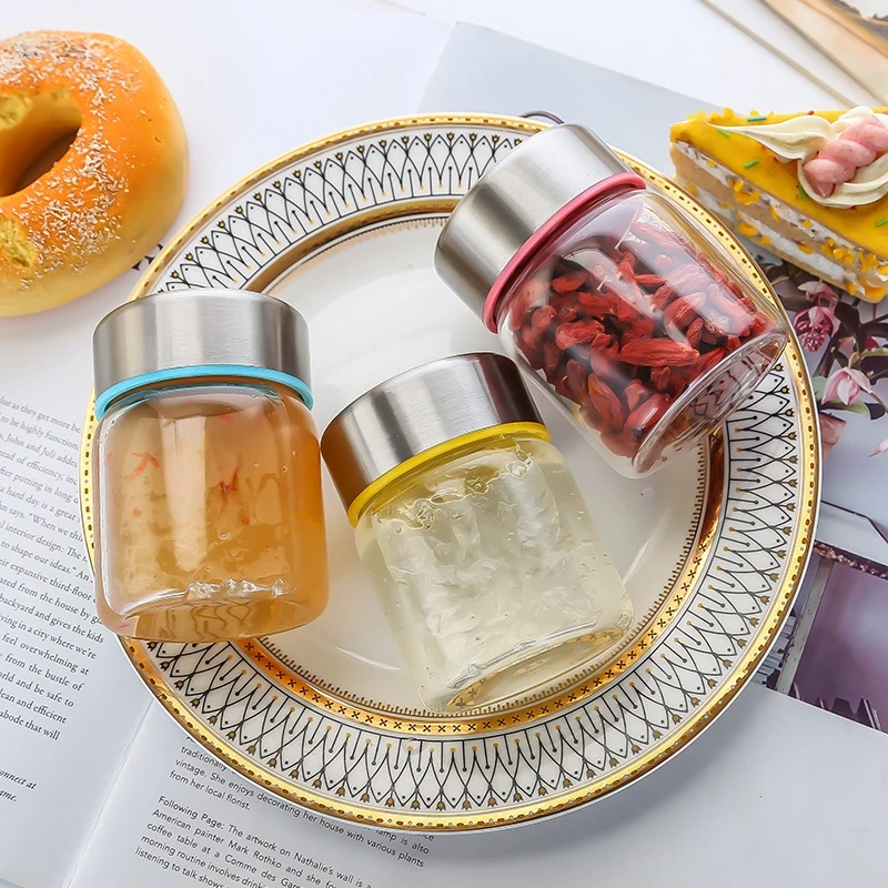 Heat Resistant 100ml 150ml 200ml High Borosilicate Glass Food Storage Jar Containers With Screw Stainless Steel Lids