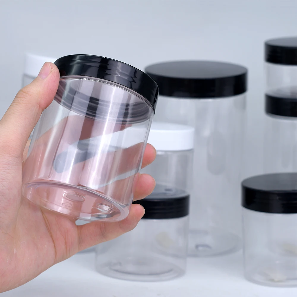 Wholesale 50ml 60ml 80ml 100ml 120ml 150ml 200ml 250ml 500ml clear PET cosmetic plastic jars with black lids