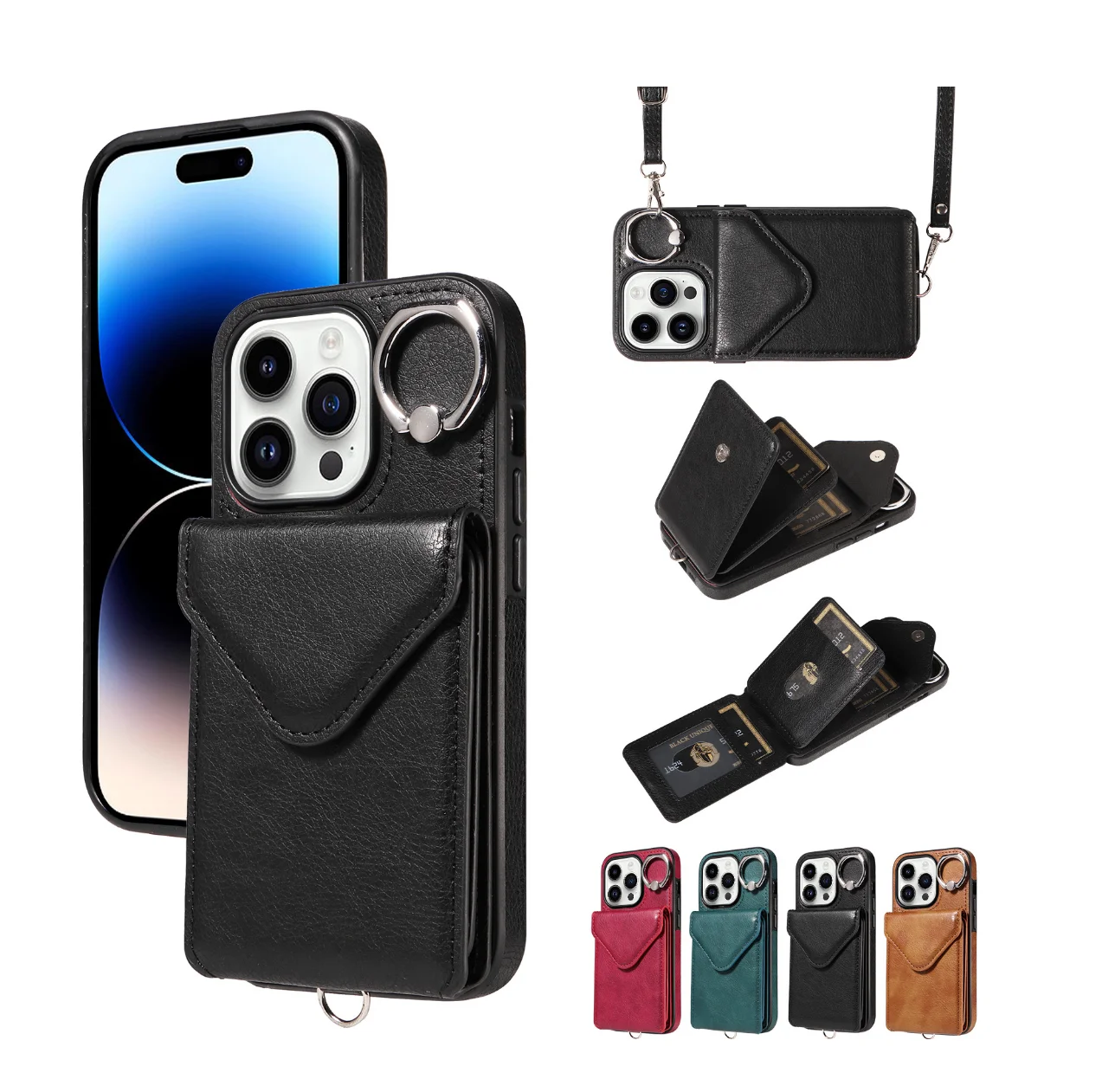 Shockproof Wallet Case with Card Holder Slots Ring Wricst Strap PU Leather case for iPhone 15