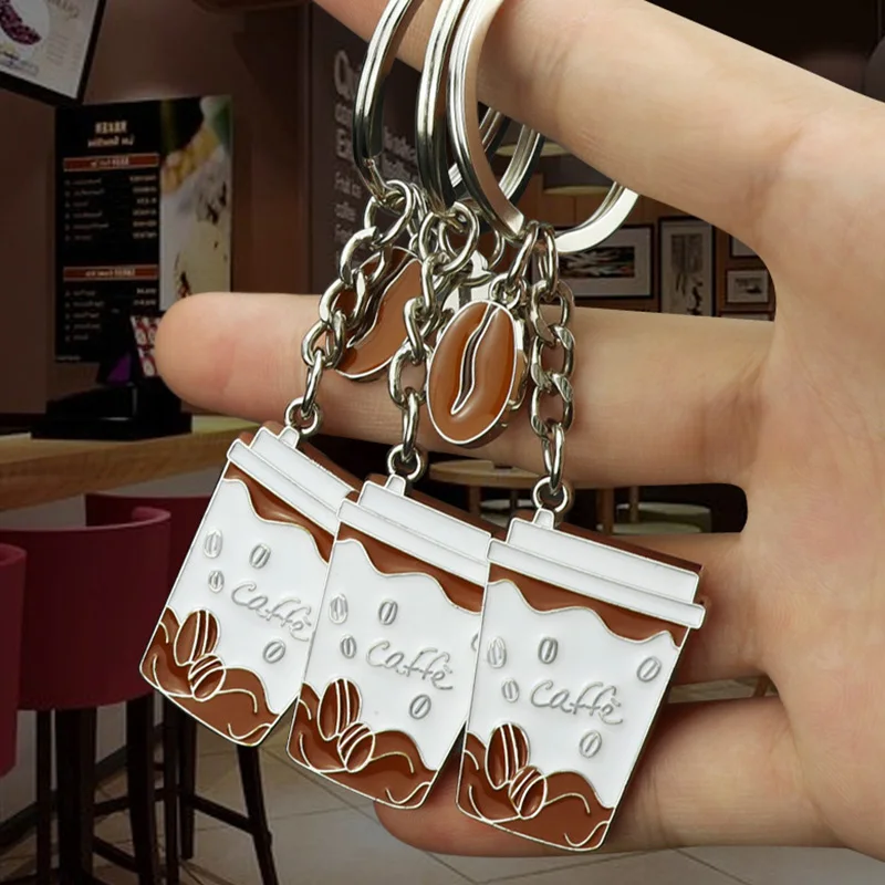 Metal Take out Coffe Cup Beans Key Chains Fine Cake Ice Cream Charm Keyrings Bag pendant Accessories customized Promotion Gift