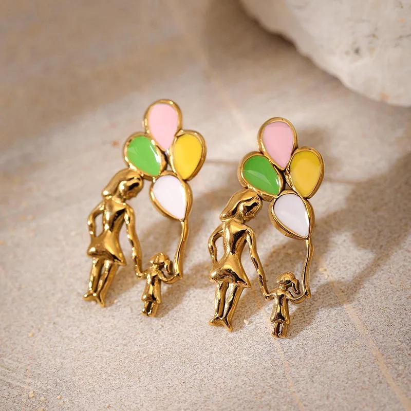 Creative Design Jewelry For 18K Gold Plated Colorful Enamel Balloon Mother Daughter Earrings For Mothers Day Gift