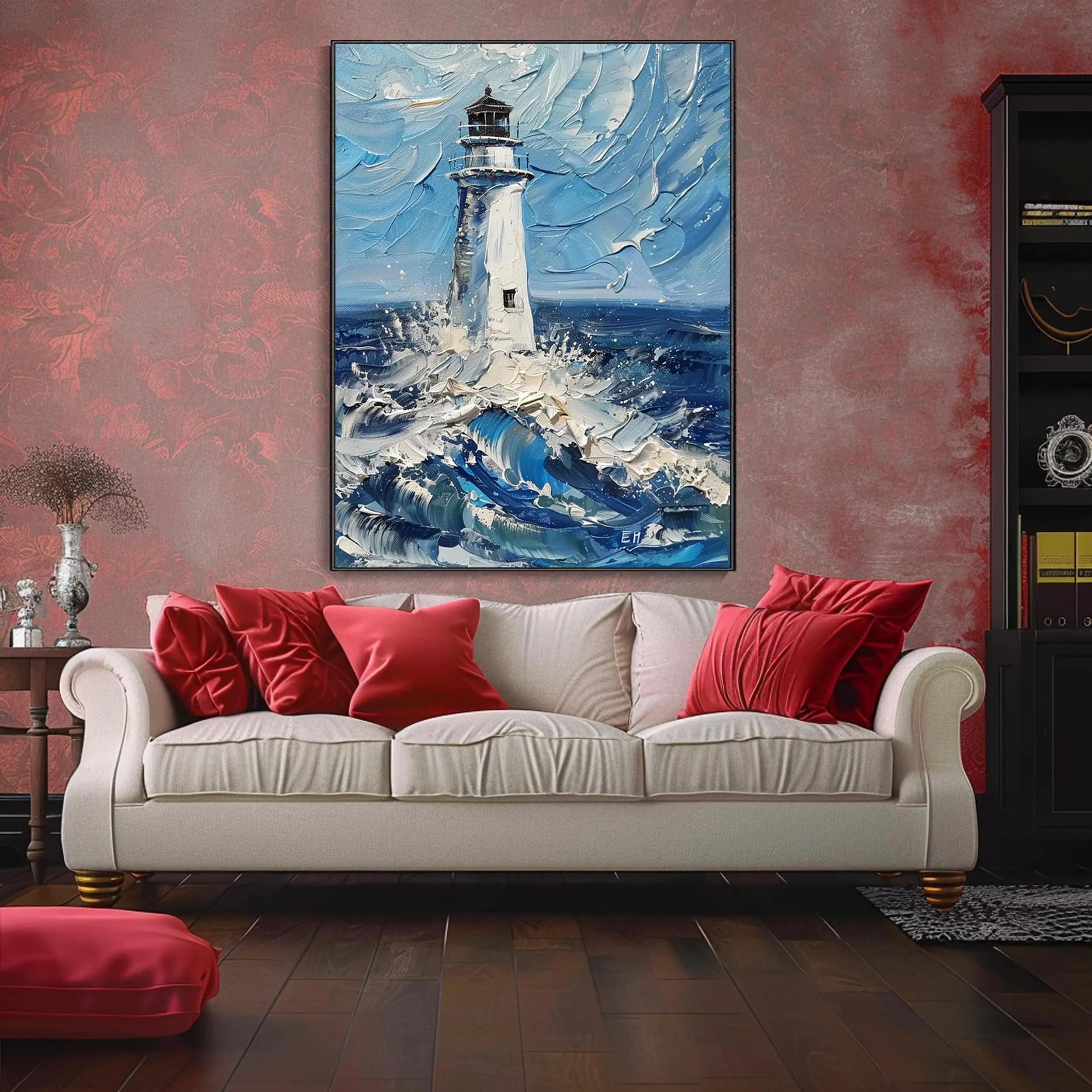 SQ Modern Waves Decor Lighthouse Canvas Blue Ocean Oil Hand Abstract Landscape Custom 3D Decor Wall Interior Home Ocean Scenery