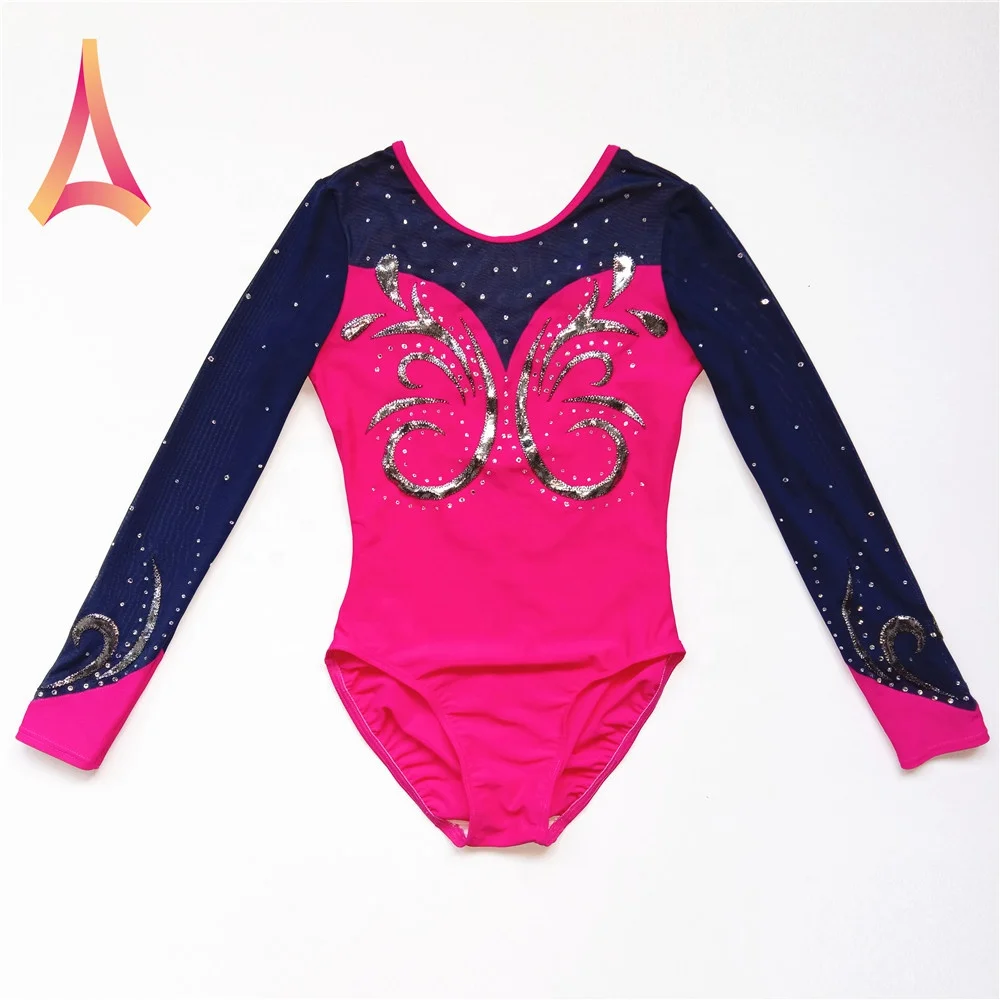 Navy Mesh Long Sleeve Deep Pink Gymnastics Leotard for girls
