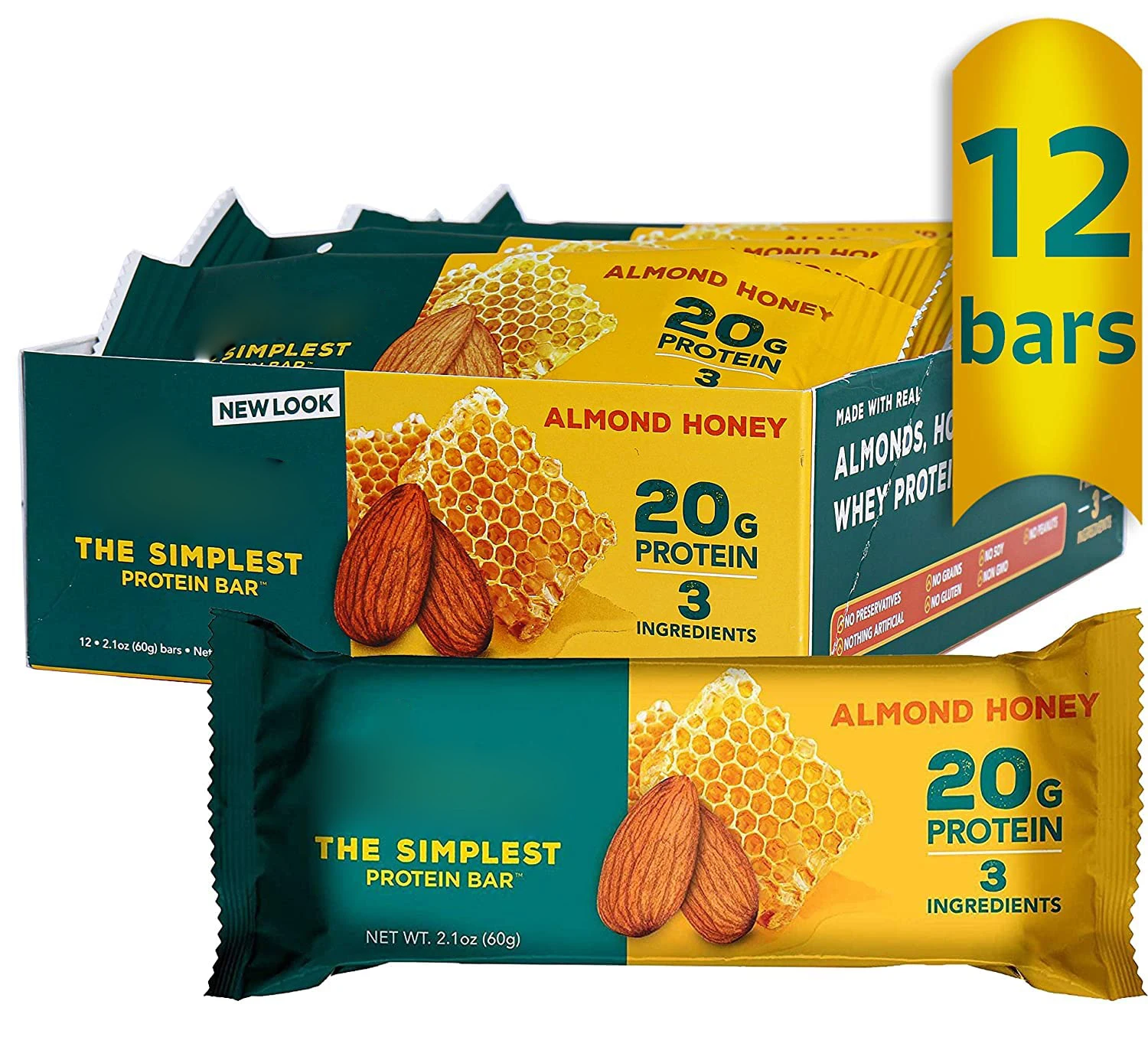 Whey Protein Bars Almond Honey Healthy Snacks 20g Protein 4g Fiber Non-GMO Healthy Snacks, Gluten-Free Soy Free Bar 12 Pack
