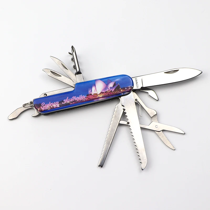 Customized Logo Stainless Steel Utility Pocket Knife Keychain Swiss Folding Multi Purpose Knife