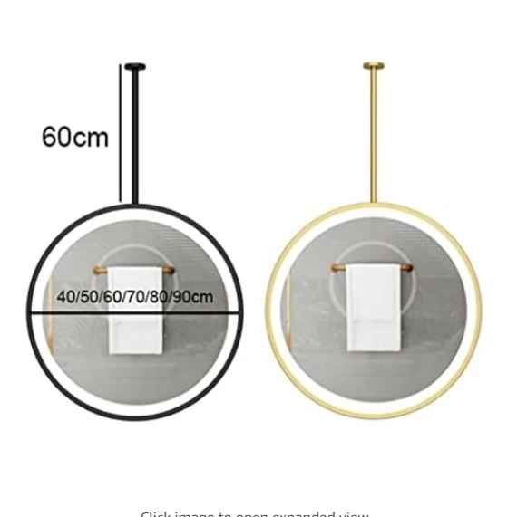 Fullkenlight round ceiling hanging led heated bathroom mirror touch screen led bath smart mirror for bathroom
