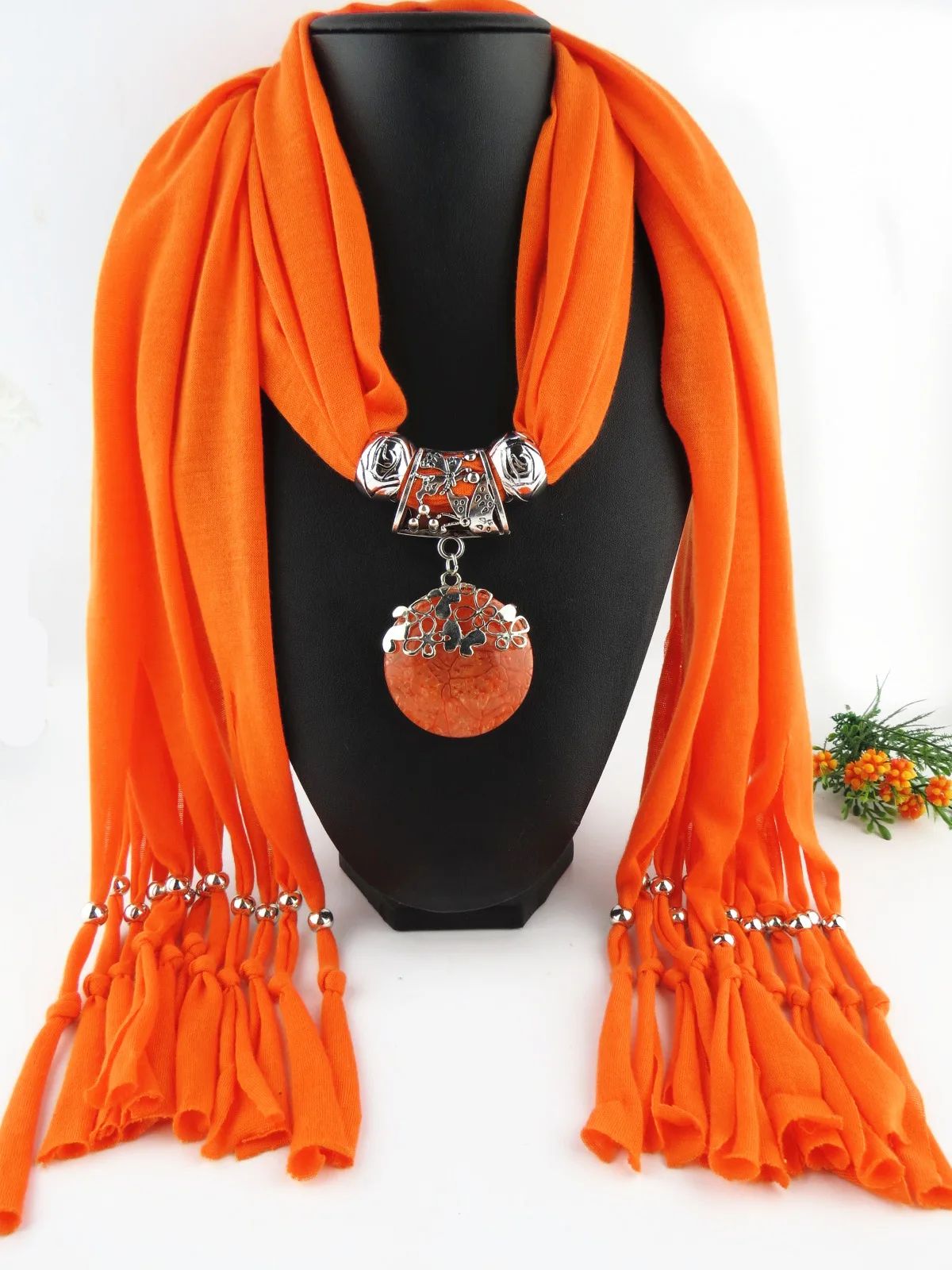 Pendant jewelry scarf polyester solid color tassel fringed resin pendant jewelry scarf for women