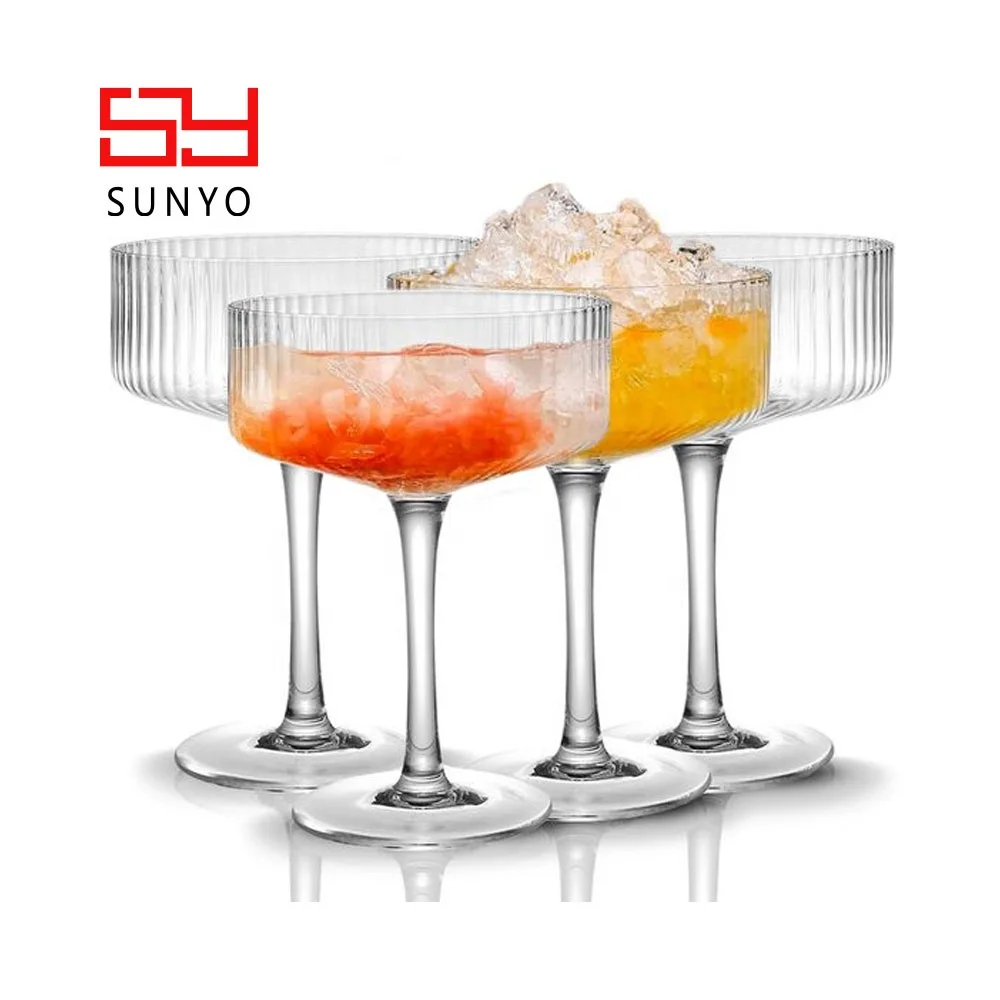 Classic Vintage Design Elegant Stripe Ribbed Coupe Cocktail Glass Leadfree Crystal Vintage Martini coloured glass cocktail set