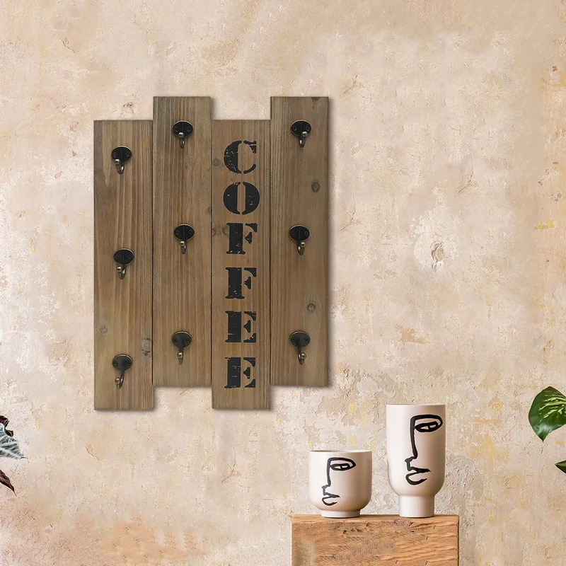 
Wholesale Wall Mount Rustic Wooden Coffee Cup Hook for Home Kitchen Decor Mug Organizer with 8 Hooks Storage and Collection 
